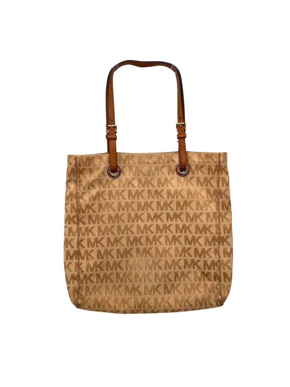 Michael Kors MK Logo Canvas Tote Bag Adjustable Leather Straps Beige Brown Gold